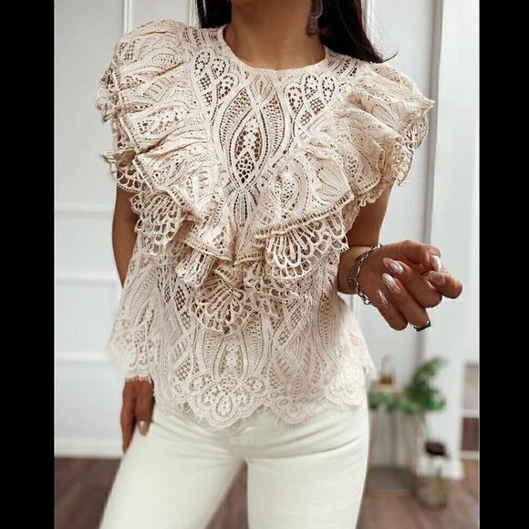 ZARA Ruffled Lace Top NWT Cream Size M - Picture 12 of 16